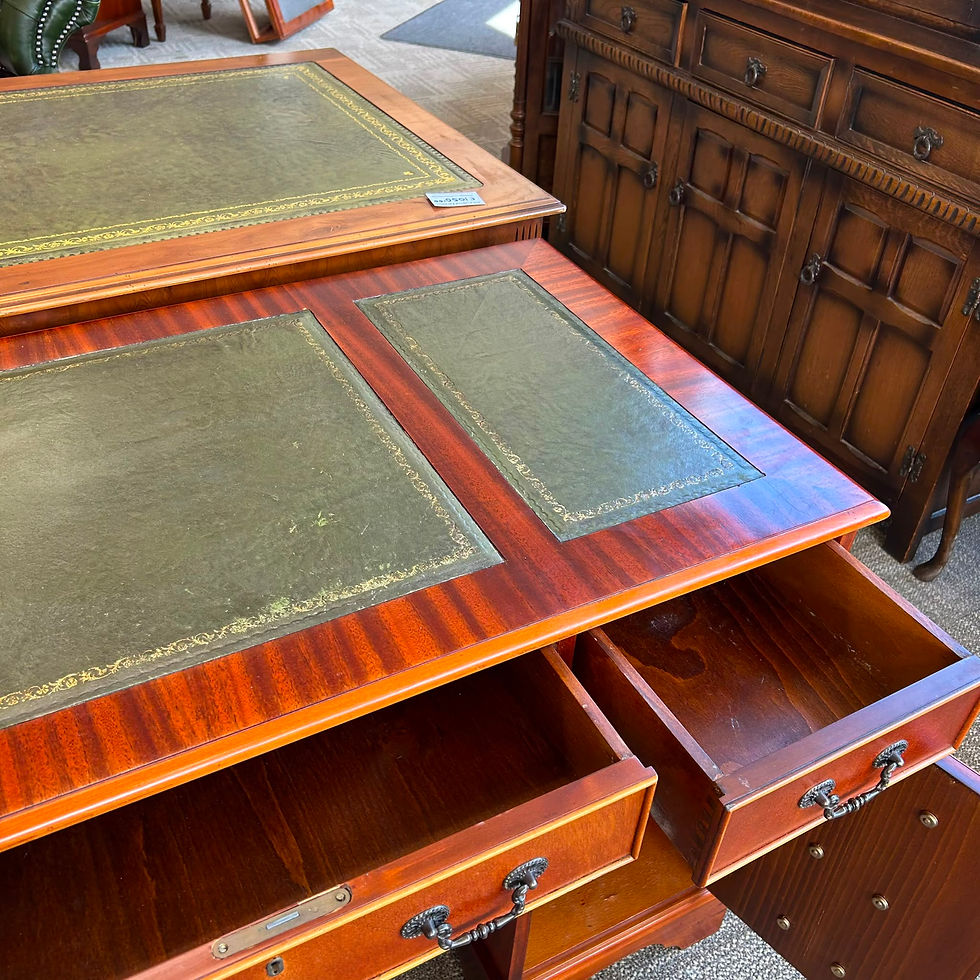 Thumbnail: Beautiful mahogany flamed green leather top twin pedestal writing desk