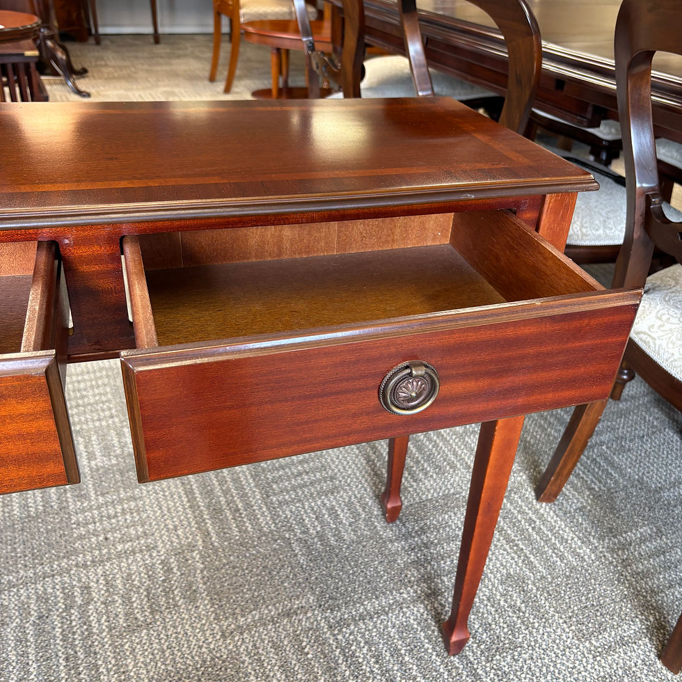 Thumbnail: Mahogany console table raised on fluted turn legs with two drawers