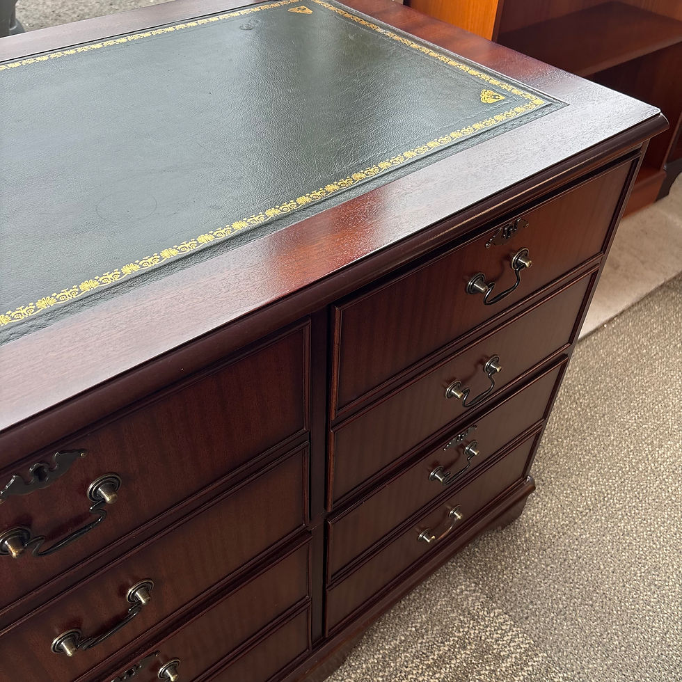 Thumbnail: Fabulous mahogany green leather top filing cabinet