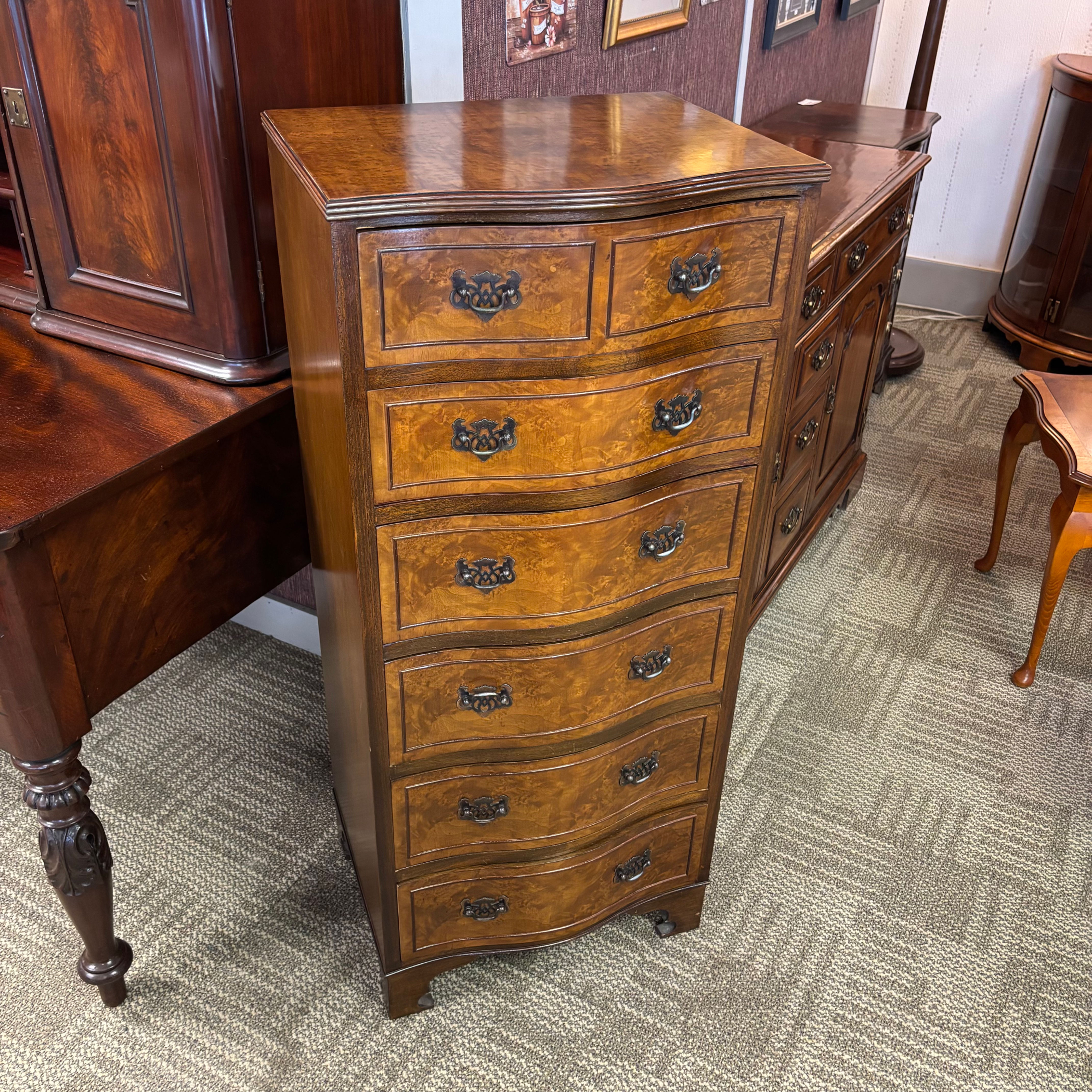 Georgian style burr walnut serpentine front tallboy chest of drawers