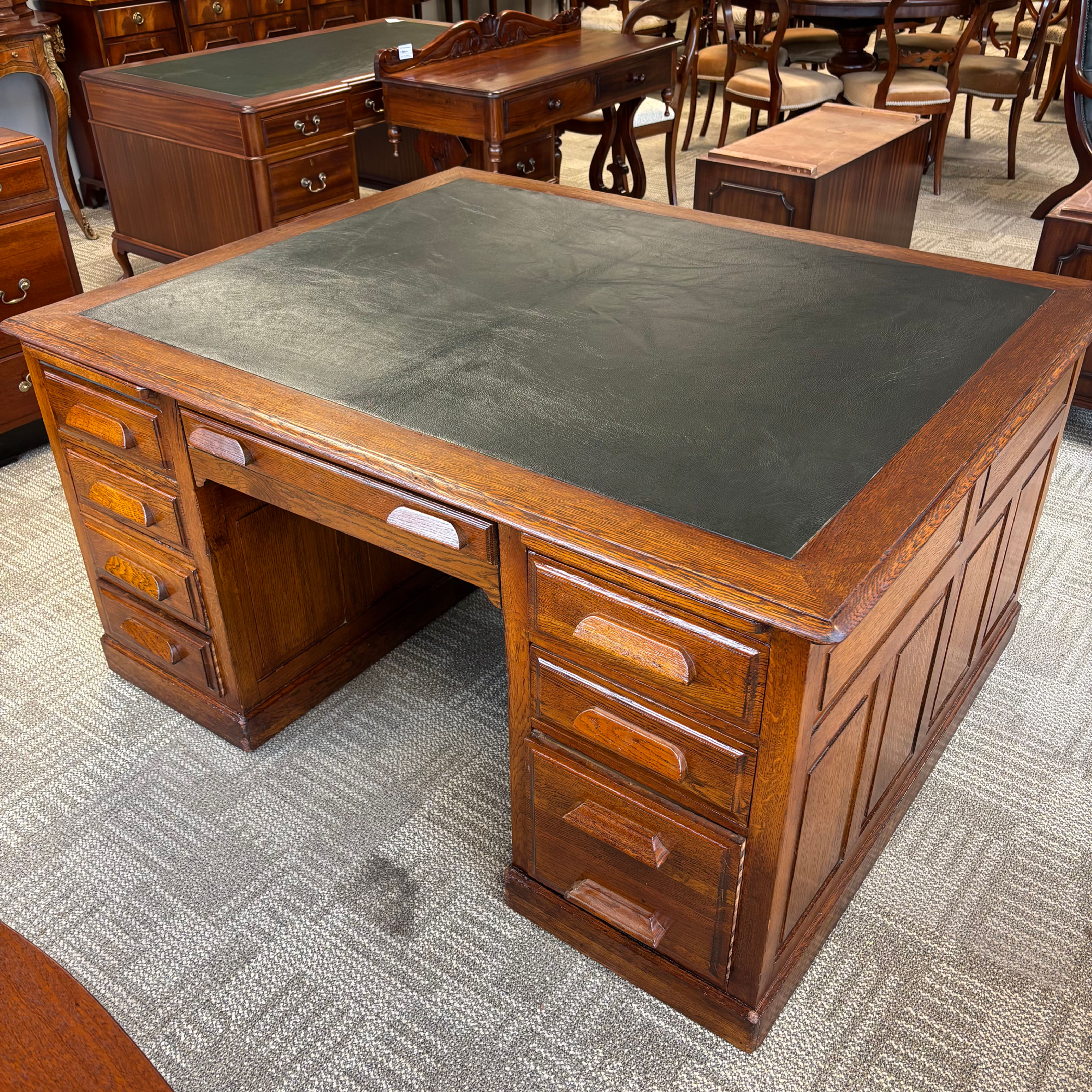 Antique oak green leather top partners (double sided) pedestal writing desk