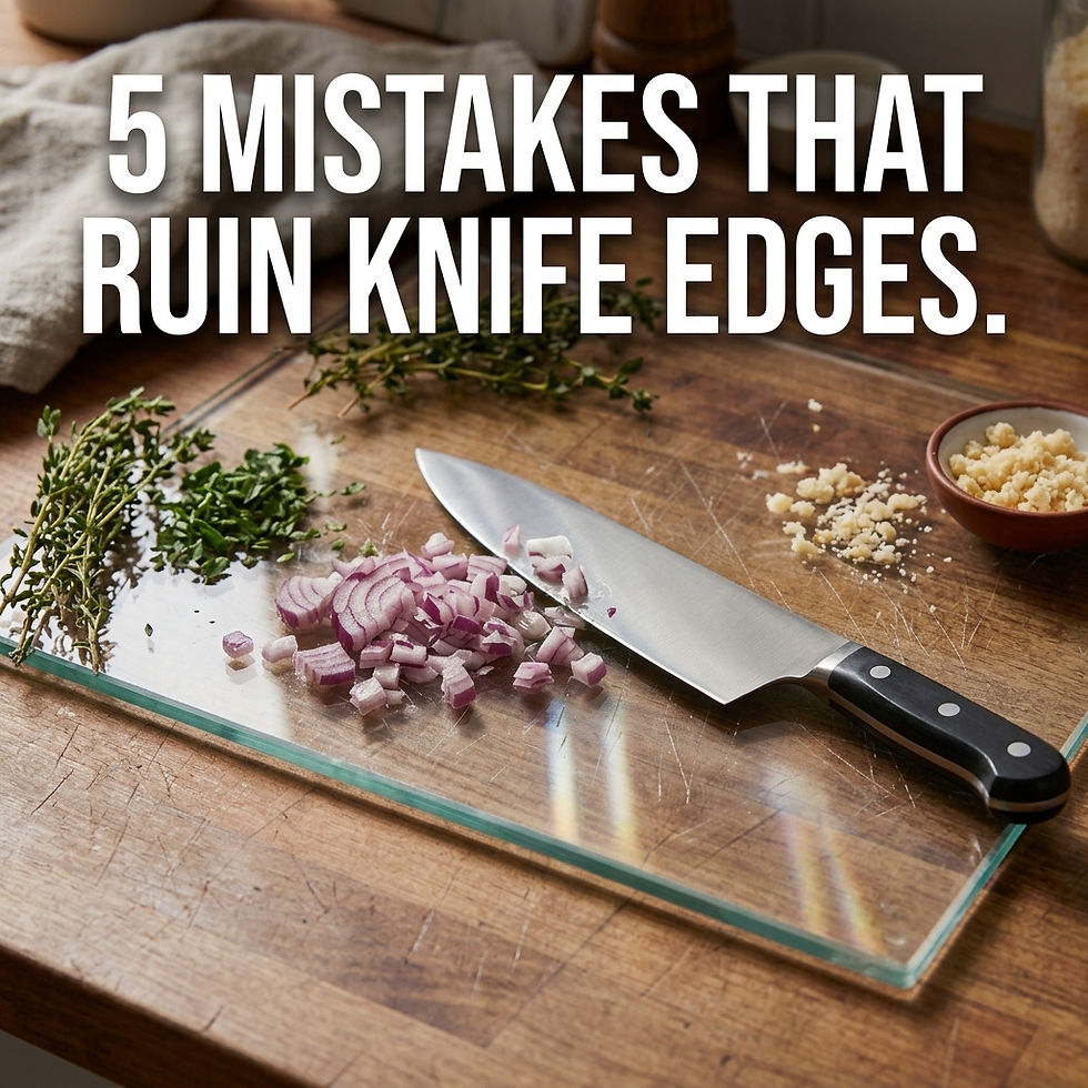 Chef's knife resting on a glass cutting board with diced red onions and fresh herbs, featuring bold overlay text reading "5 Mistakes That Ruin Knife Edges."
