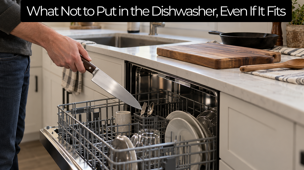Man holds a chef’s knife over an open dishwasher in a kitchen; banner reads What Not to Put in the Dishwasher, Even If It Fits