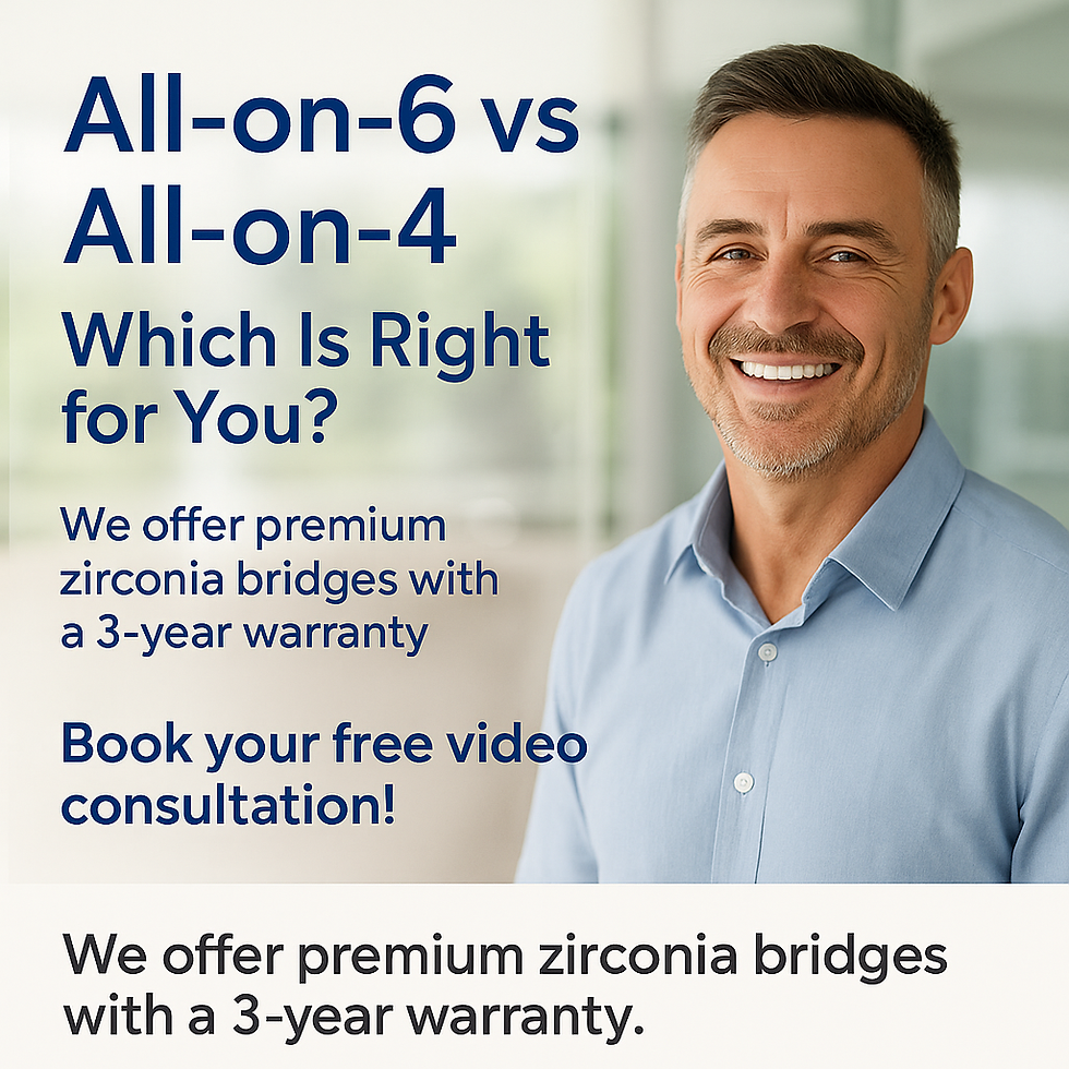 "Comparison chart showing All-on-6 vs All-on-4 dental implants with pros and cons for patients considering treatment in Mexico
