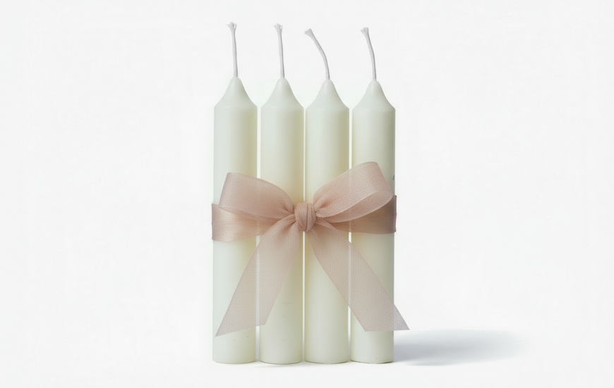 Close-up of set of four taper candles with ribbon, handcrafted soy-paraffin blend candles
