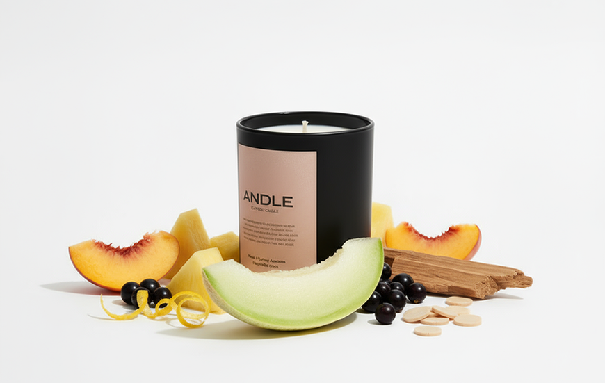 Grand Éclat Candle by Andle, black jar candle styled with notes of pineapple, blackcurrant, musk, and amber.