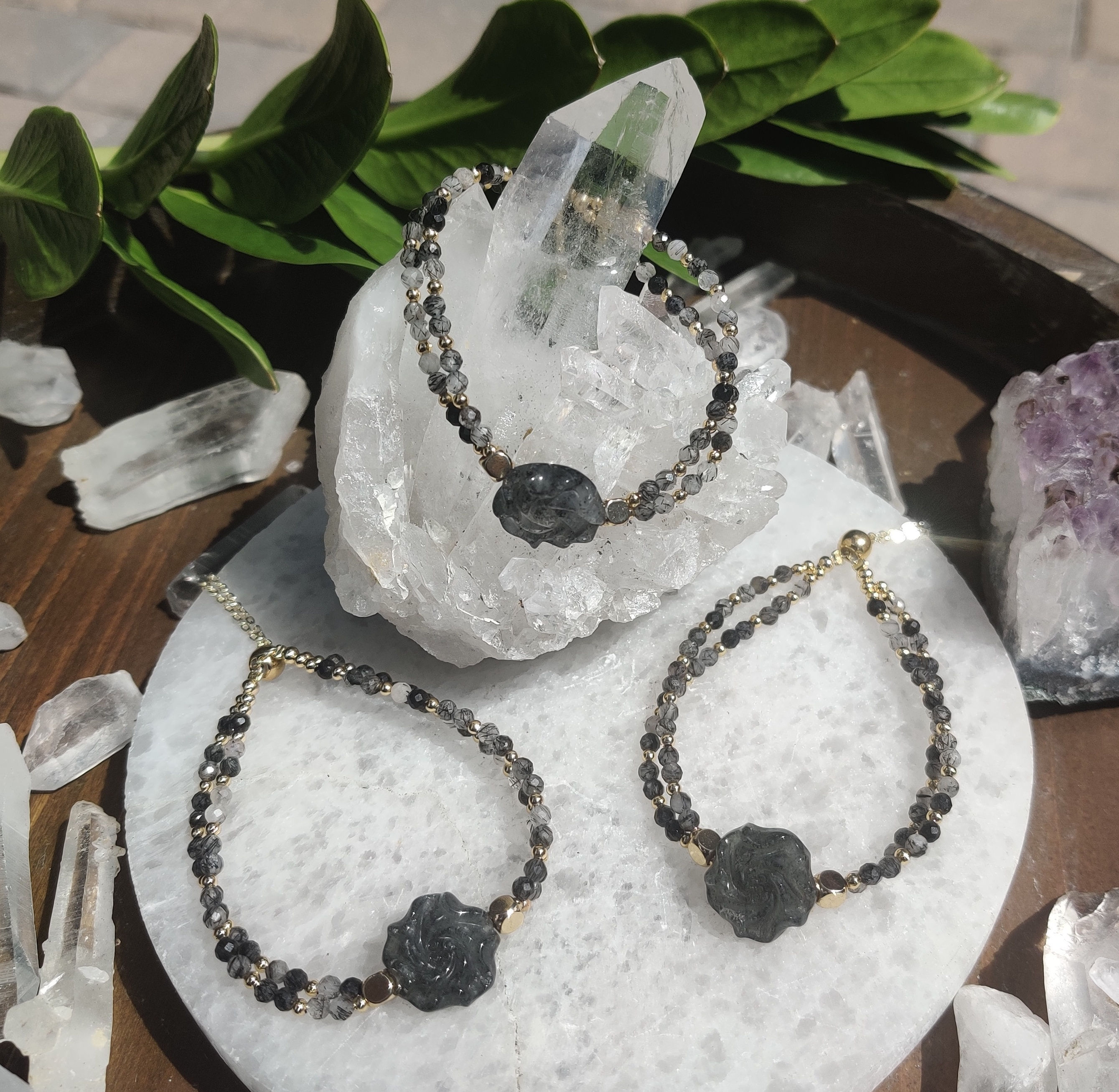  Black Tourmaline in Quartz Flower Adjustable Fancy Bracelet  