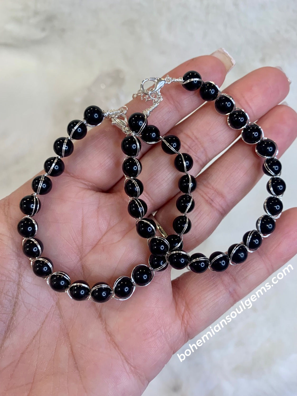 Black obsidian wire wrapped adjustable bangle