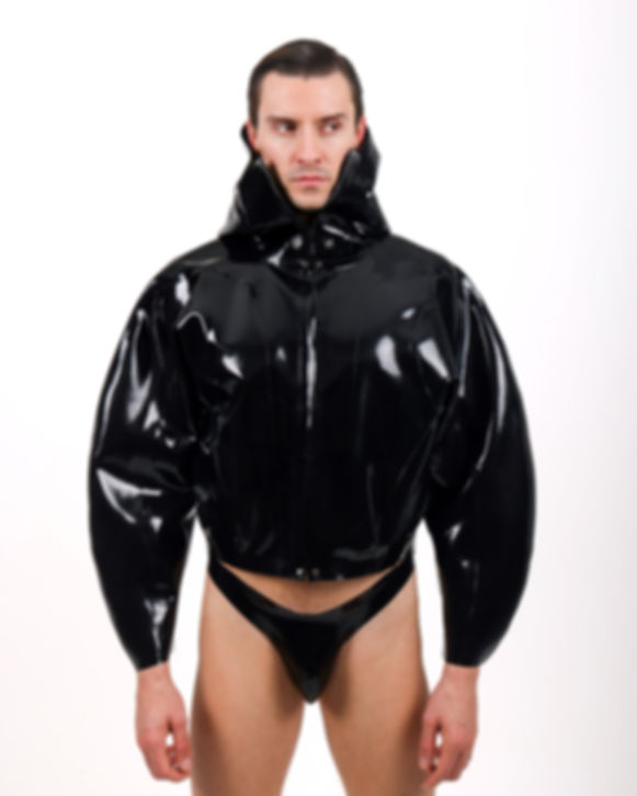 drone latex hooded jacket front view
