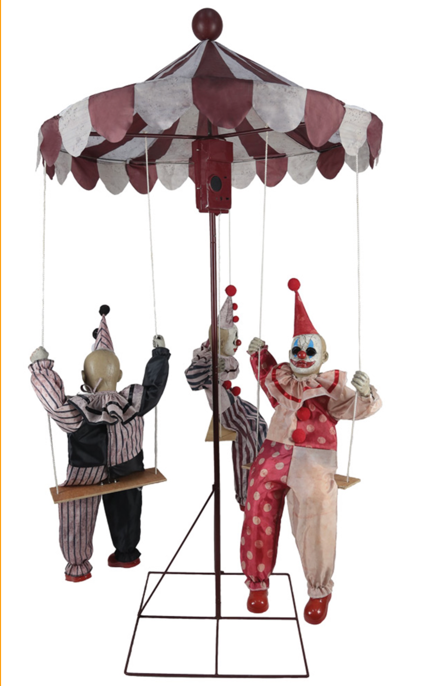 ITEM: ANIMATED CLOWN GO-ROUND PROP
QUANTITY: 1
PRICE: $20/DAY
DESCRIPTION: 72 INCHES TALL X 36 INCHES W X 36 INCHES
CATEGORY: HALLOWEEN