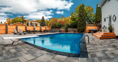 paving stones, trees, backyard, path, stone, pavers, pool, fire pit, hot tub