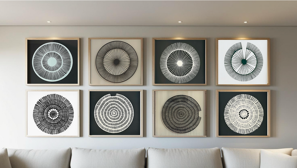 Miniatura: Fosil Marino composicion de 8 cuadros de 40x40 en living estilo japandi