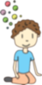 An illustration of a little boy with multicoloured bubbles above his head