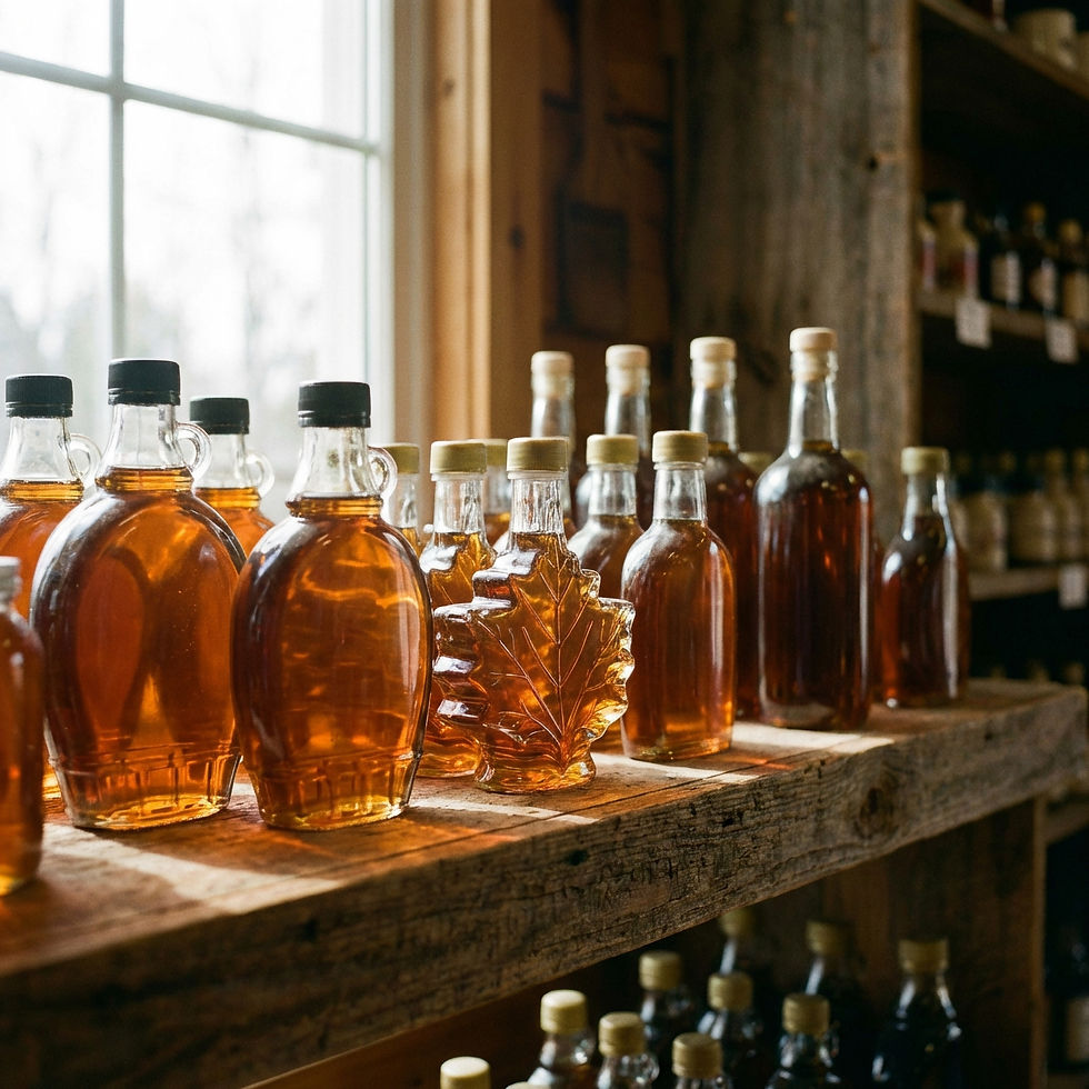 Bottles of maple syrup on a wooden shelf near a window.
