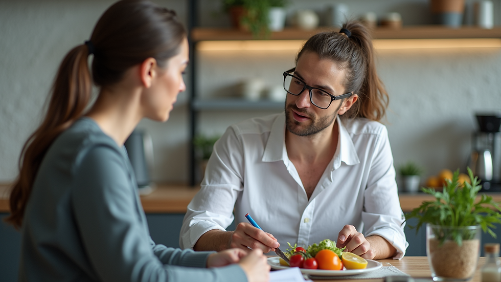 Eye-level view of a nutrition coach discussing meal plans with a client