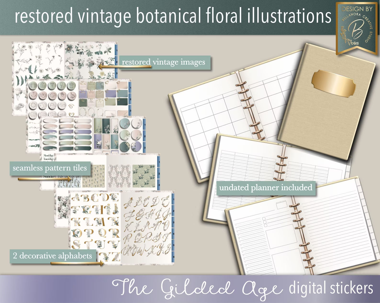 The Gilded Age, Vintage Botanical Digital Planner Stickers