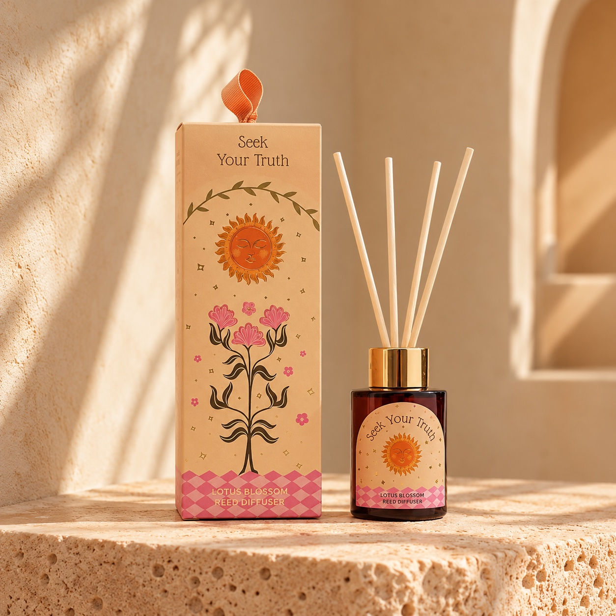 Diffuseur à bâtonnets Seek your Truth CARNATIA 30 ml, fragrance Lotus Blossom, avec son étui illustré