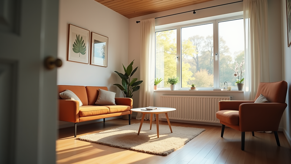 Eye-level view of a cozy counseling room with comfortable seating
