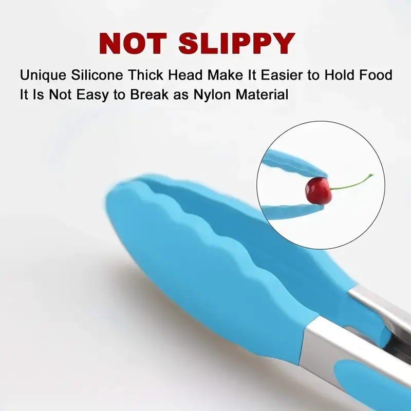 Blue silicone tongs holding a cherry with non-slip text.