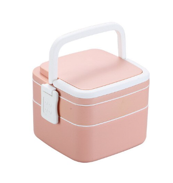 Thumbnail: Pink two-tier bento lunch box with white handle