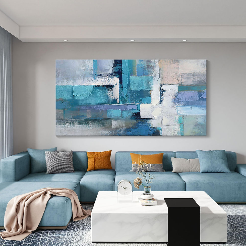 Modern blue abstract wall art above a blue sectional sofa