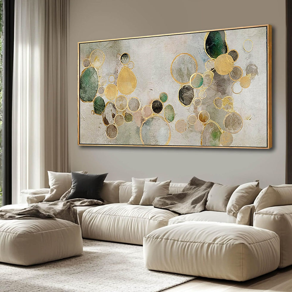 Abstract painting with gold and green circles on a living room wall