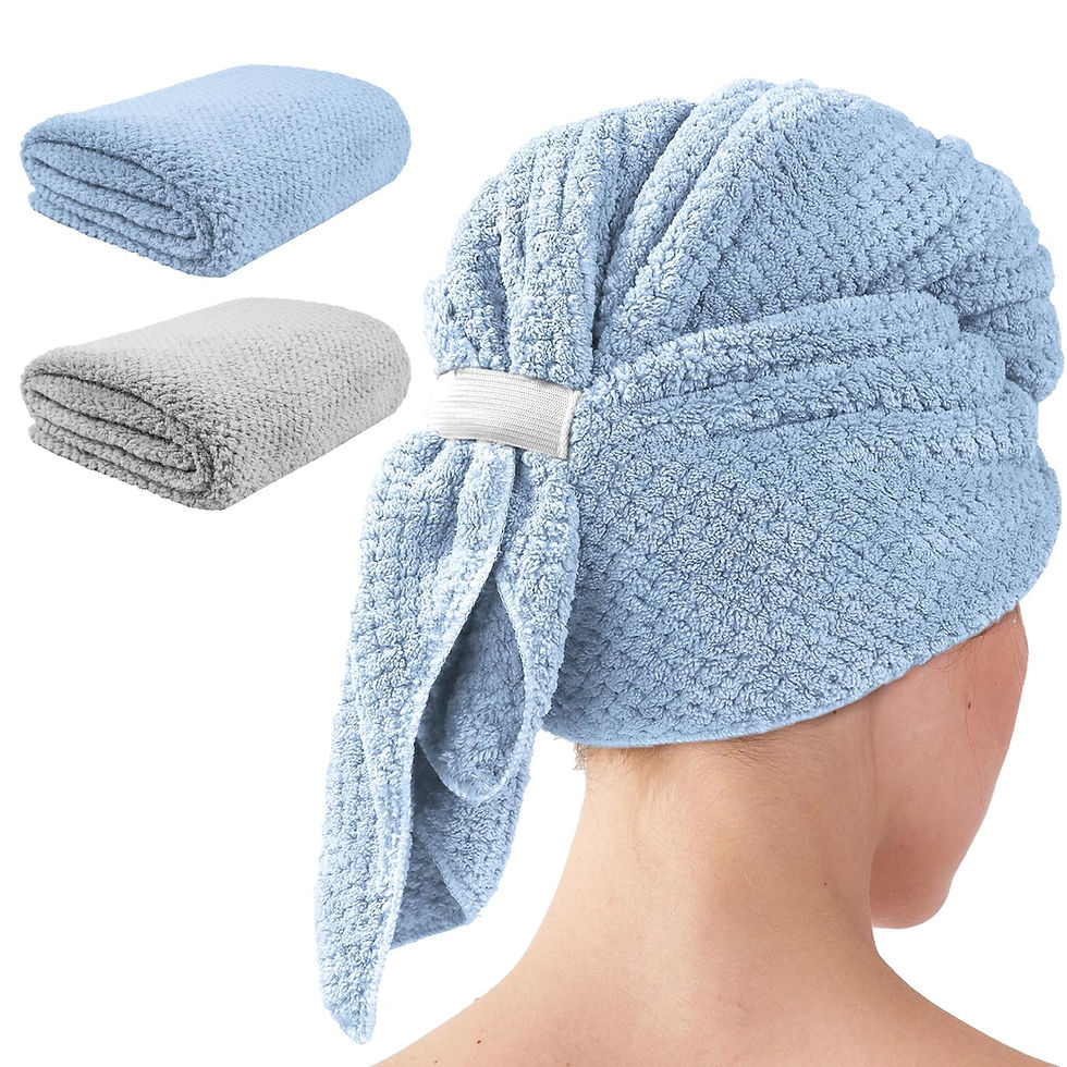 Microfiber hair towel wrap on head with folded blue and grey options.