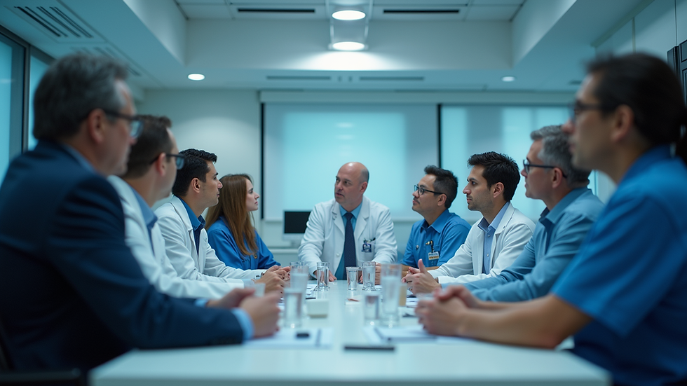 Eye-level view of a medical conference with professionals discussing advancements