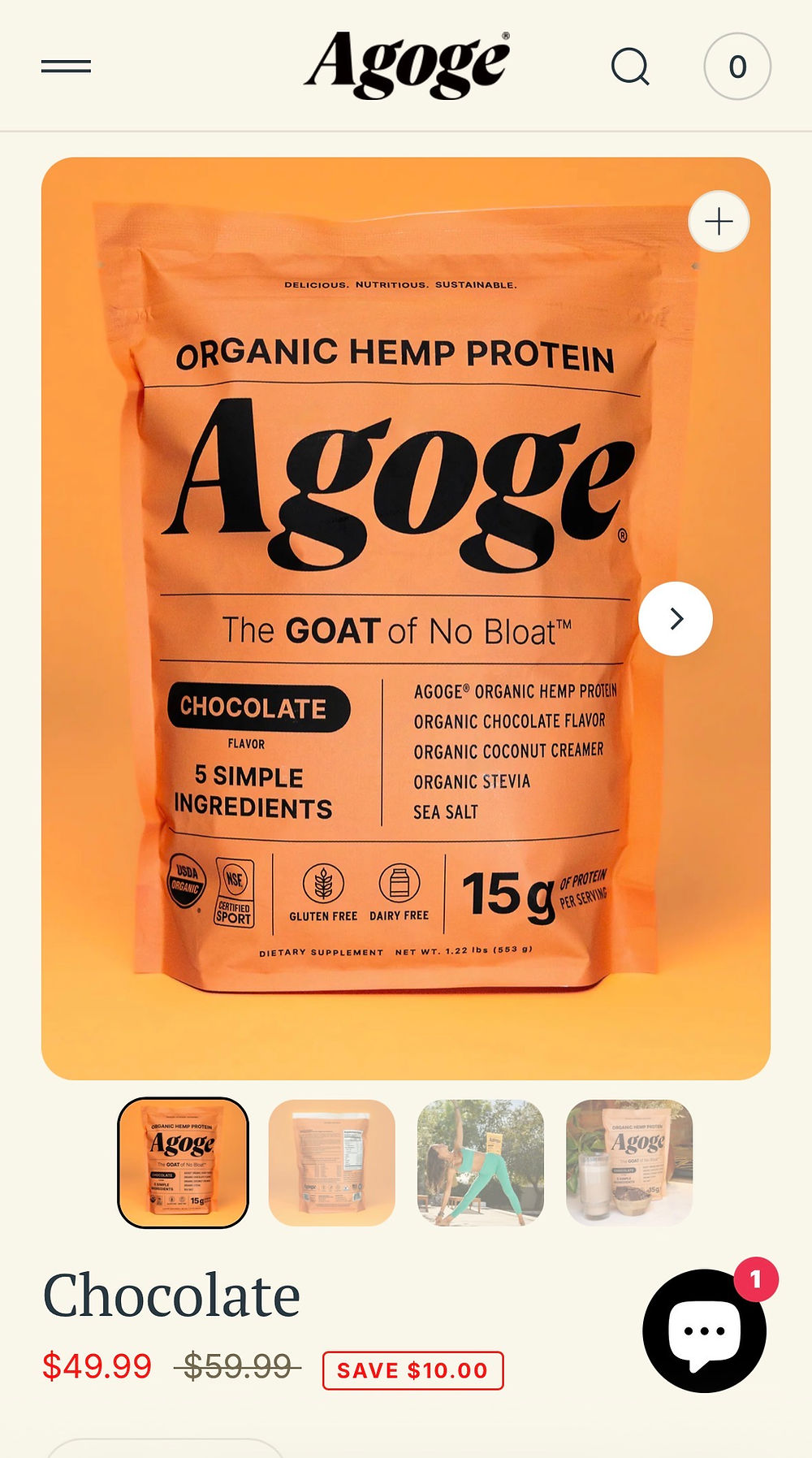 Agoge chocolate organic hemp protein powder bag
