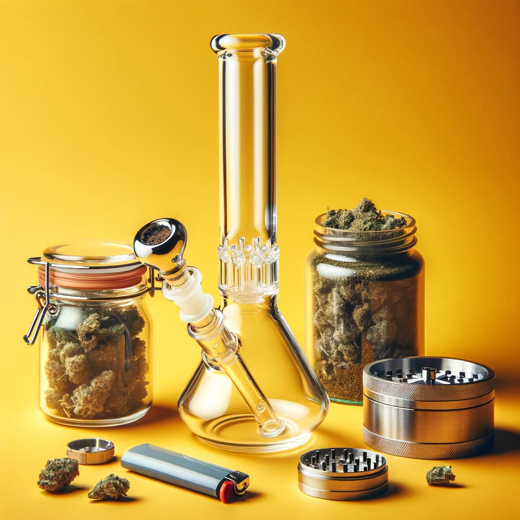 bong product photography with cannabis thc flower, grinder and lighter on a bright yellow backdrop