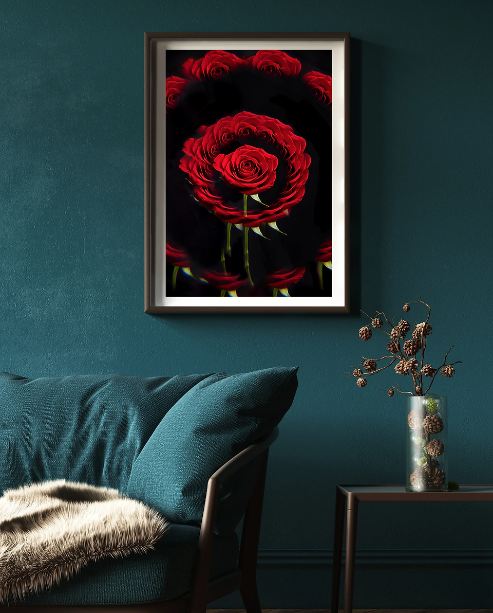 Red Rose prism fine art photography framed and mounted print hanging in a luxury teal living room