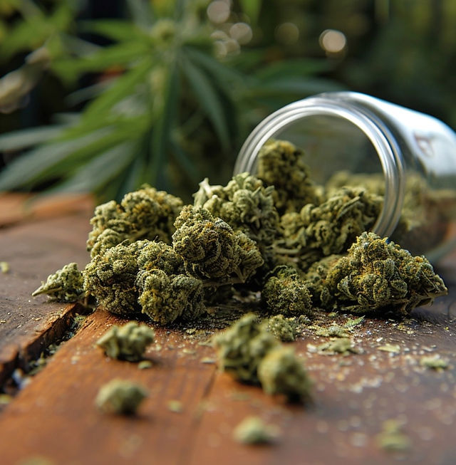 Cannabis flower nugs spilled from a glass jar on a table outdoors