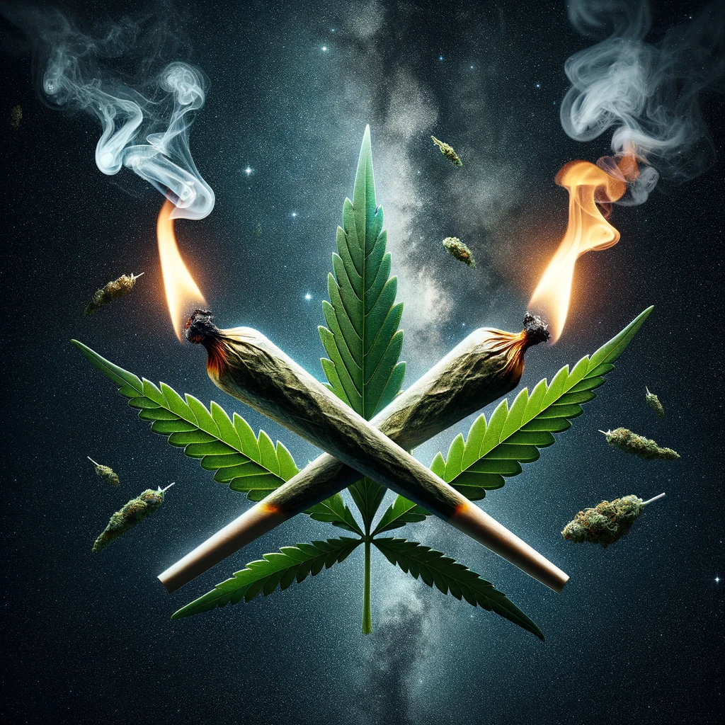 Cannabis graphic design of two weed joints on fire with a cannabis leaf behind them.