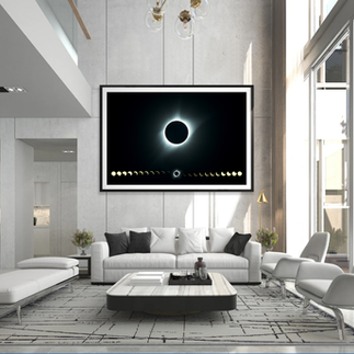 Solar eclipse phases framed and mounted large fine art photography print hanging in a large luxury minimalism livingroom