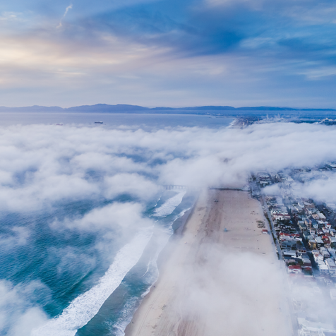 Drone flight over Hermosa Beach in the fog