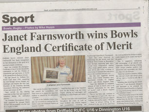 Janet Farnsworth wins Bowls England Certificate of Merit