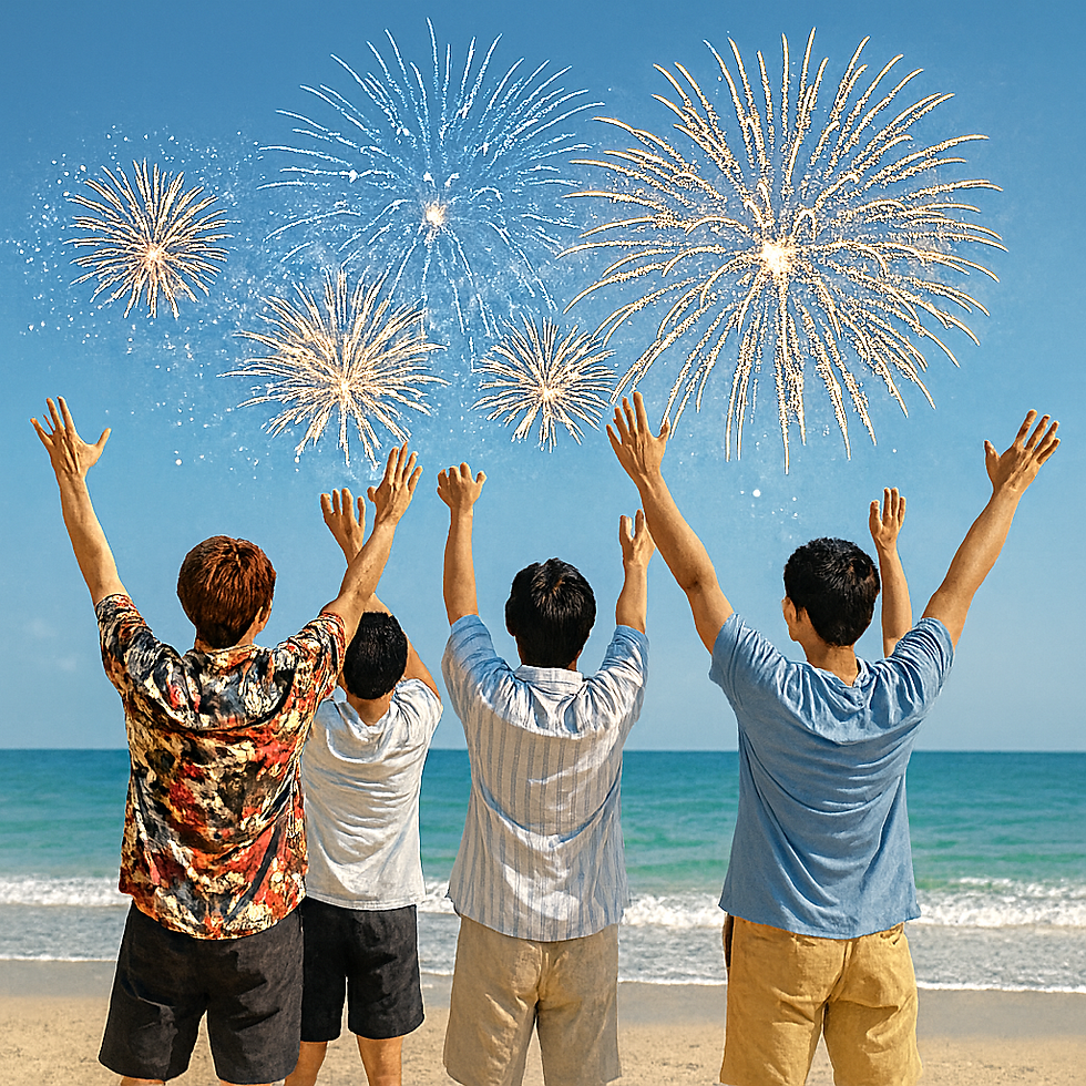 複数の男性たちが後ろ姿で万歳している。夏の海で花火がたくさん上がっている。