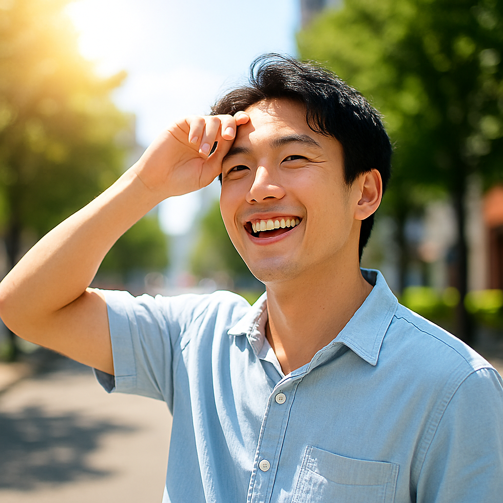ひげや体毛のないさわやかな男性が真夏の炎天下の町中で汗をぬぐっている。