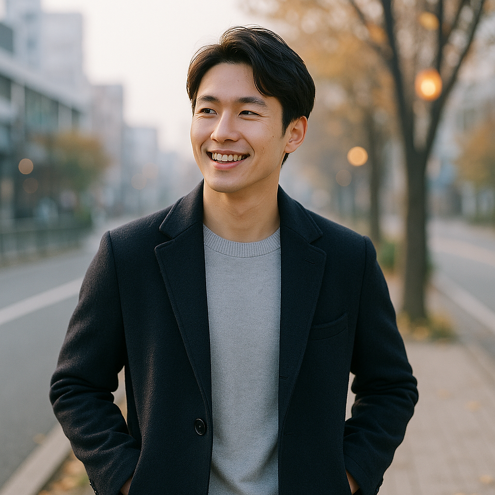 20〜30代の清潔感ある日本人男性 が薄手のコートまたはニット姿で、朝の冷たい空気の中に立つ