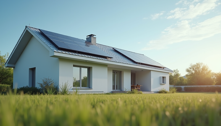 Eye-level view of a modern home with solar panels on the roof