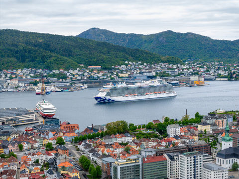 Aerial view of a bustling harbor with two cruise ships, surrounded by colorful buildings and green mountains under a cloudy sky.