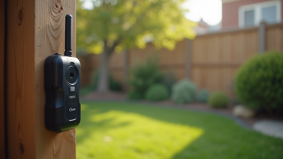 Close-up view of a wireless dog fence transmitter installed in a backyard