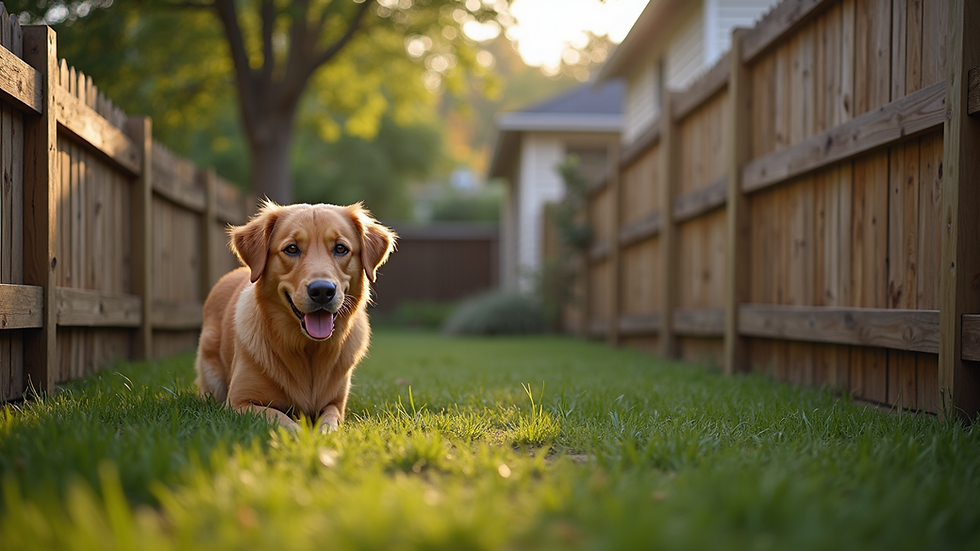 Eye-level view of a wooden dog fence surrounding a backyard