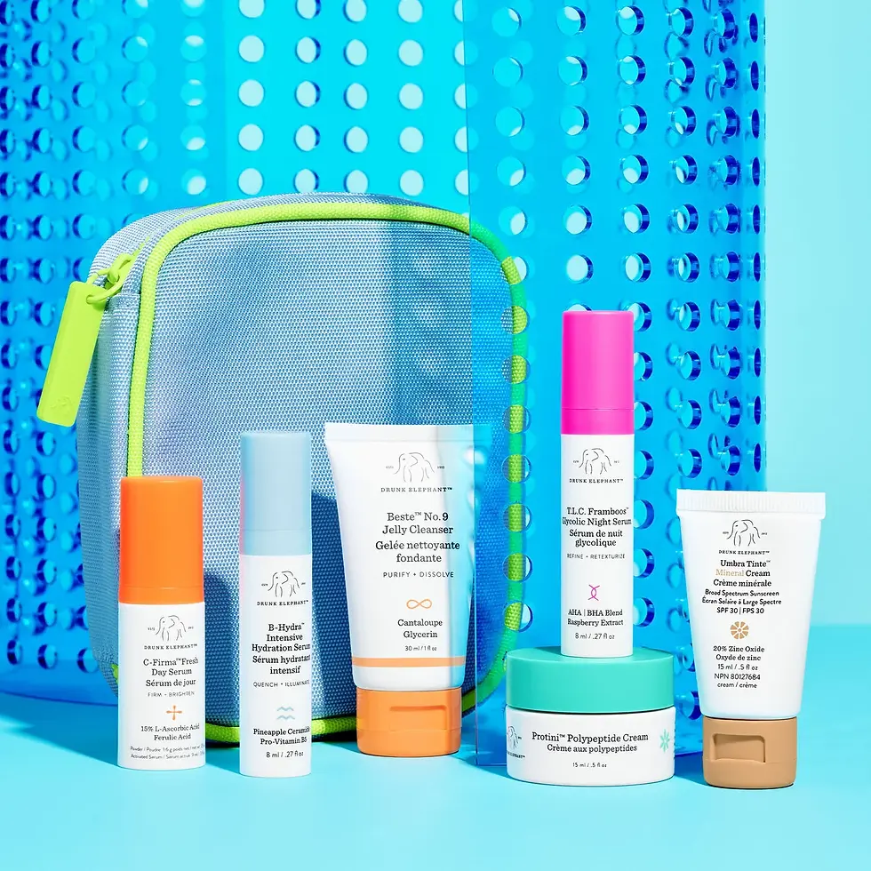 Product image on Drunk Elephants travel set, including six items and a clear carrying case, in front on a blue background