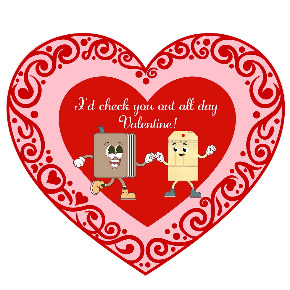 An illustration of a vintage valentine with an anthropomorphic book and checkout card