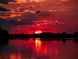 Beautiful dark red sunset on the Chobe River, Botswana Africa