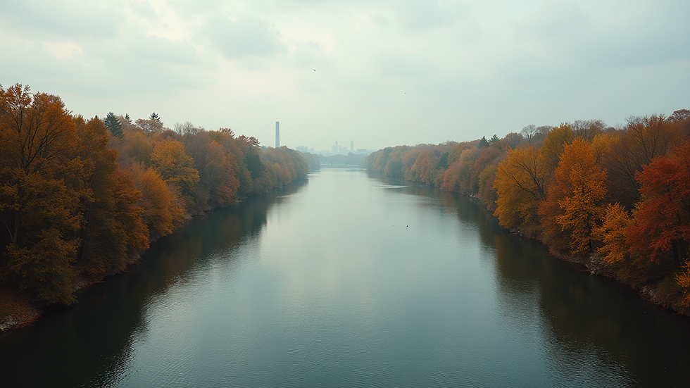Wide angle view of the Ottawa River with changing foliage