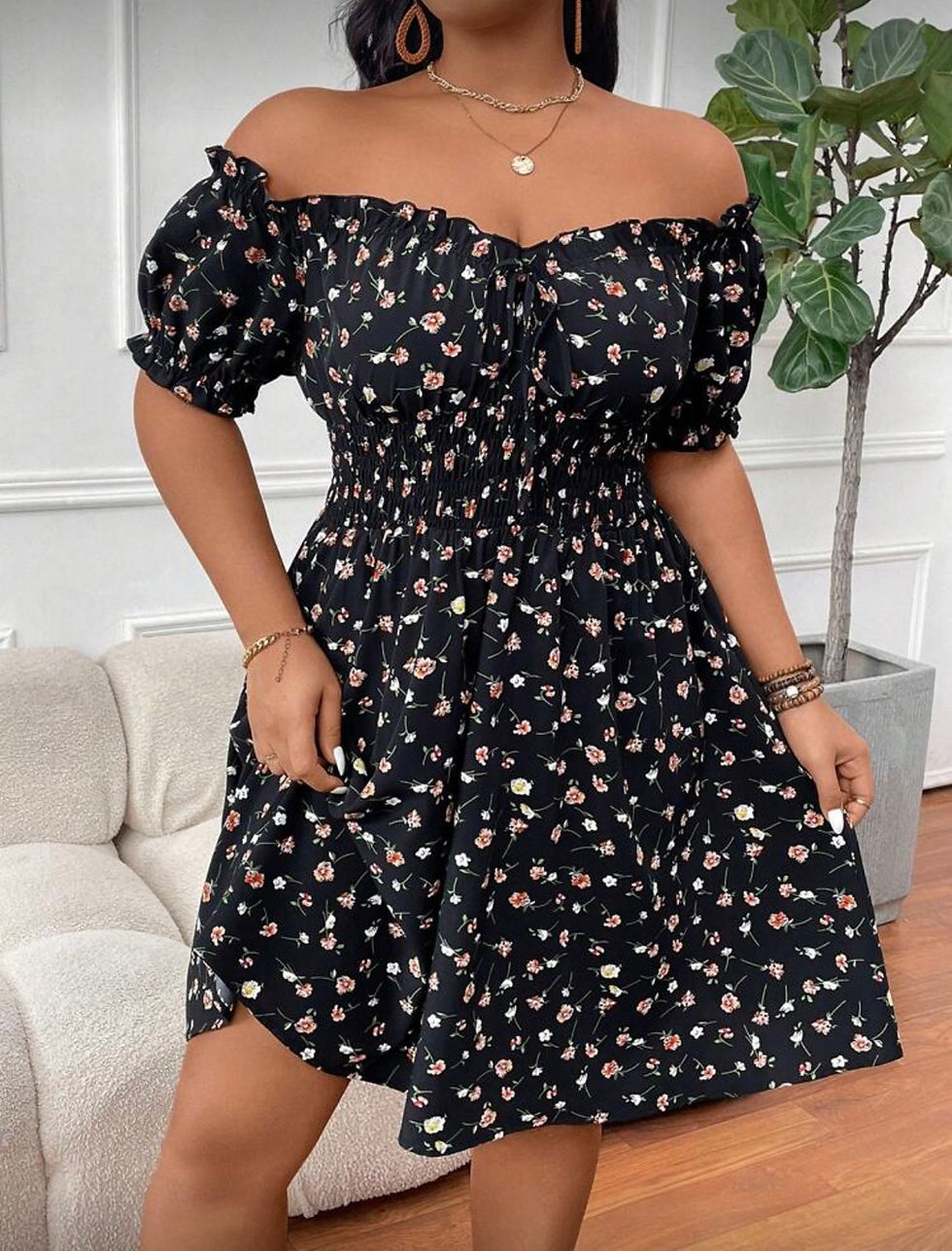 Thumbnail: Midnight Blossom Off-Shoulder Dress - Plus Range