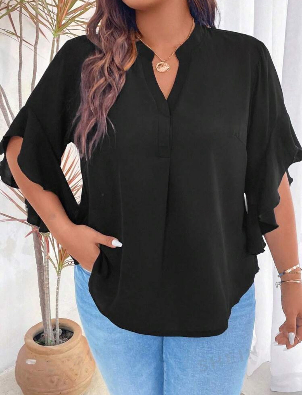 PLUS Range Black Flair Sleeve Blouse