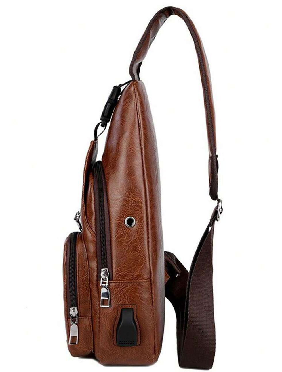 Thumbnail: Brown Leather Crossbody Sling Bag with USB Charging Port